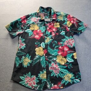 Jackson Mens Large Black Tropical Hibiscus Floral Button Down Shirt  EV6-T9-FL